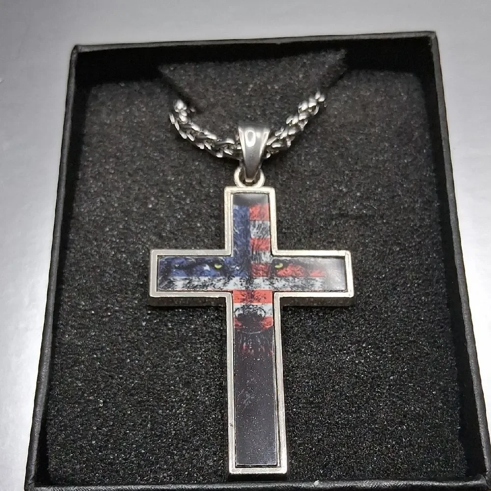 American Flag Wolf Cross Mens Necklace New